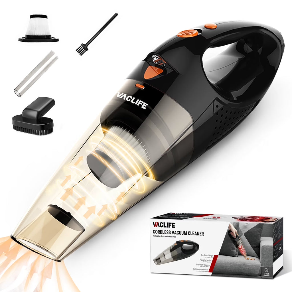 Cordless Handheld Vacuum Cleaner for Automobiles, Compact Rechargeable Model with Dual Filtration System, Orange (VL189)