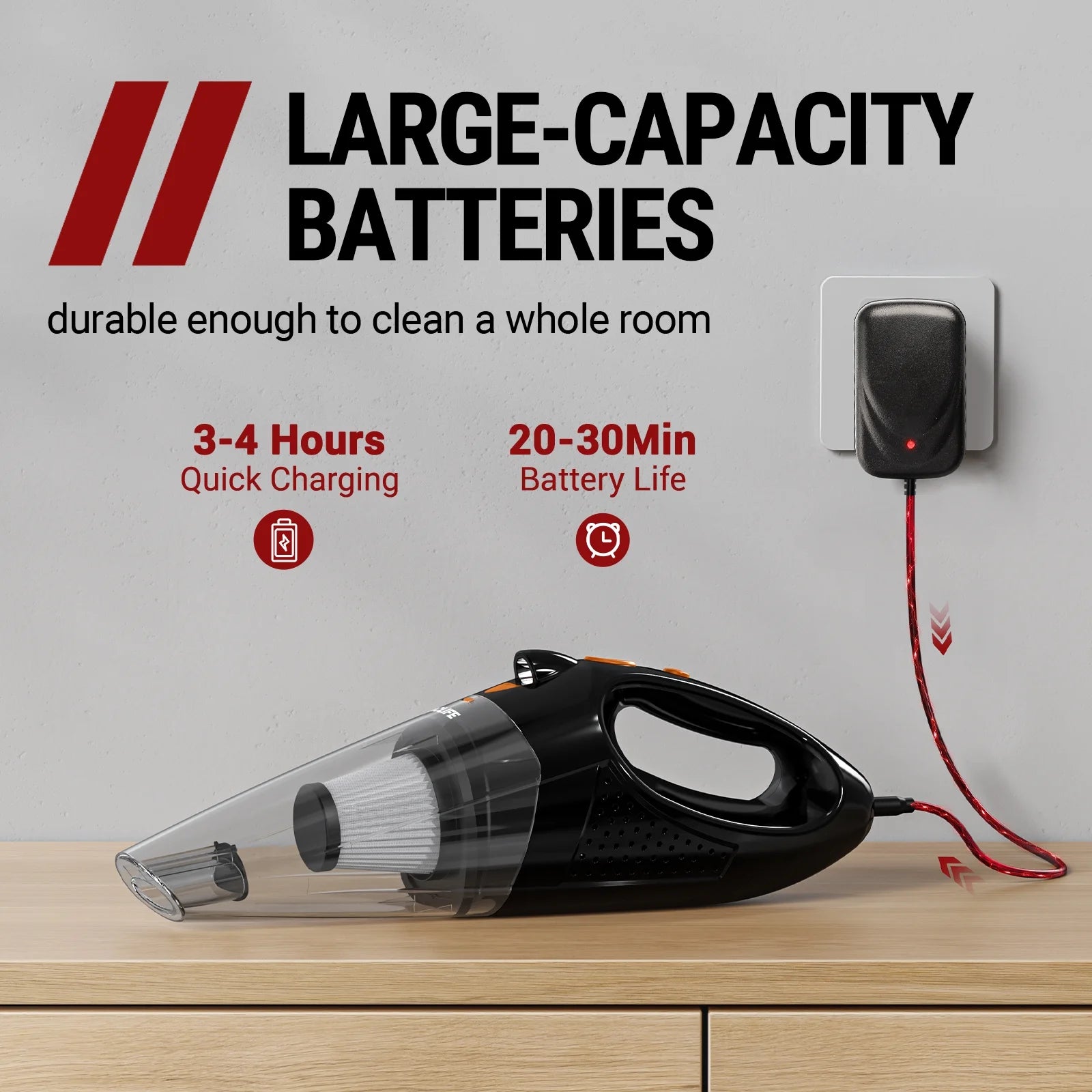 Cordless Handheld Vacuum Cleaner for Automobiles, Compact Rechargeable Model with Dual Filtration System, Orange (VL189)
