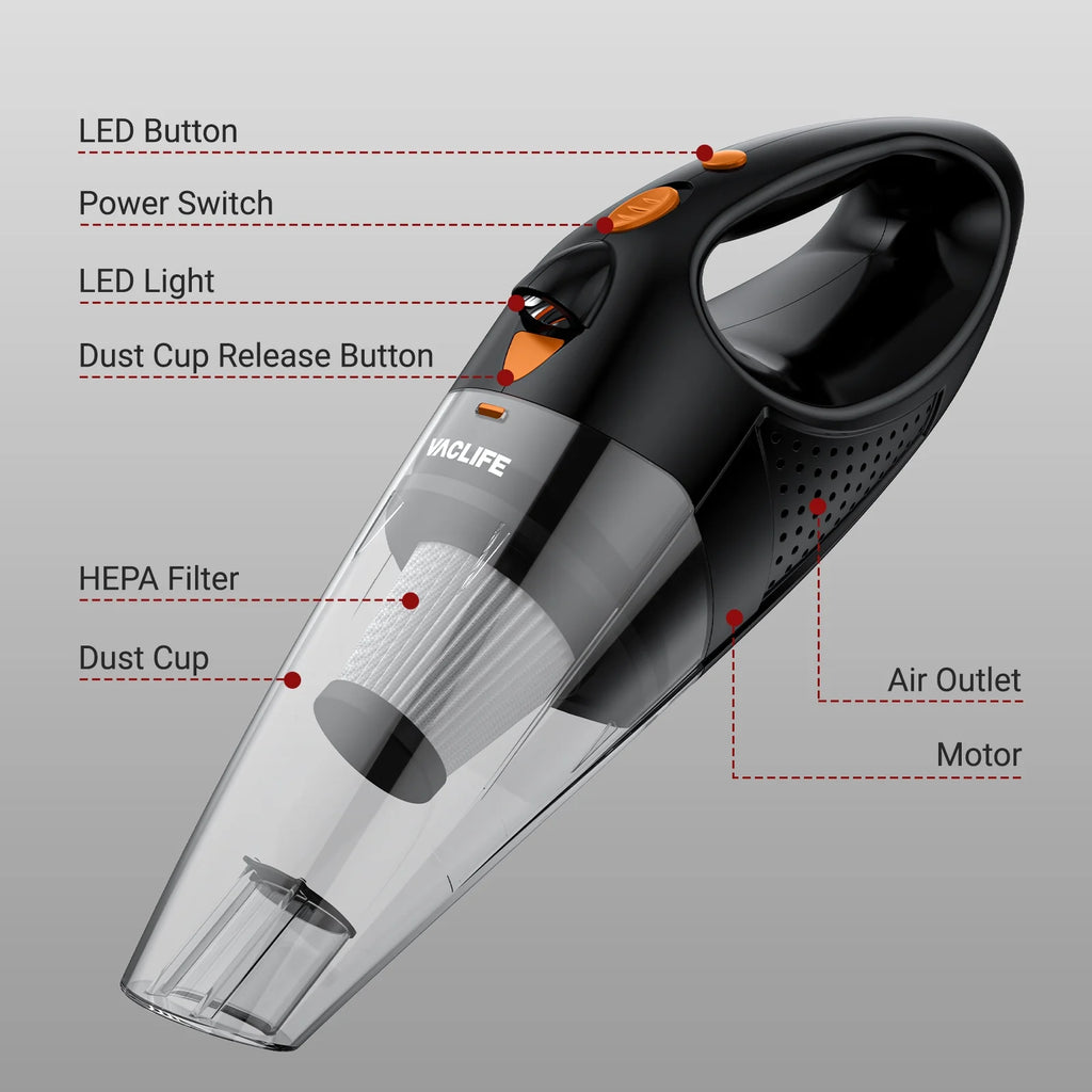 Cordless Handheld Vacuum Cleaner for Automobiles, Compact Rechargeable Model with Dual Filtration System, Orange (VL189)